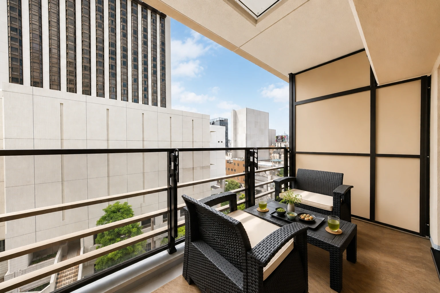 Type B · 2-Bedroom Suite: balcony rattan chairs city view