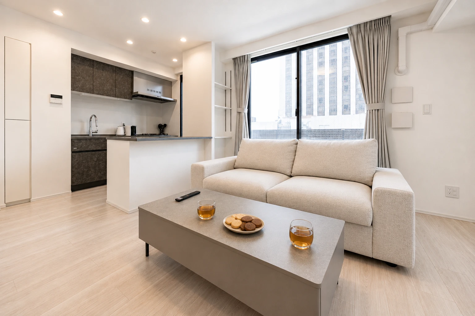 Type C · 3-Bedroom Suite: living room sofa coffee table kitchen