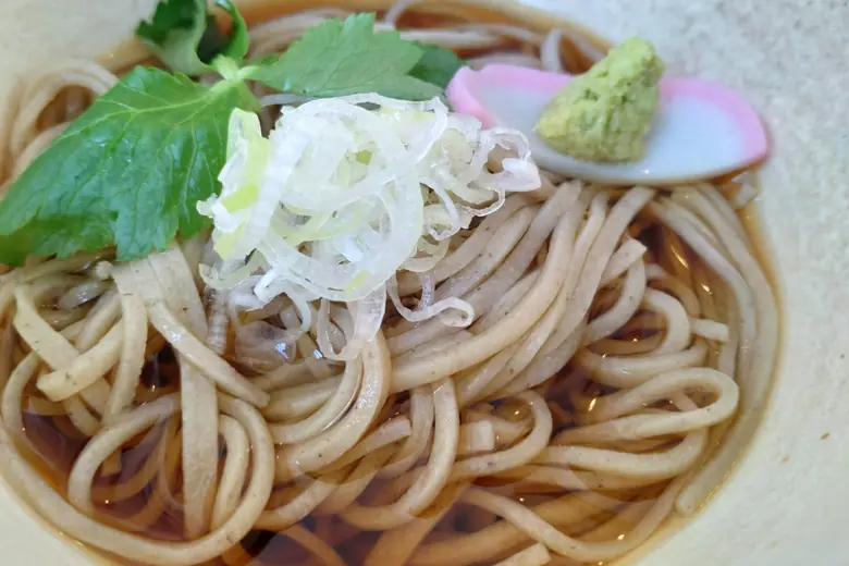Cold buckwheat noodles with shredded leek and wasabi.